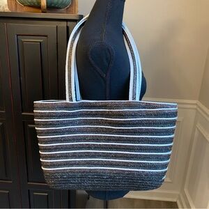 Vintage Striped Straw Black & White Beach Summer Tote